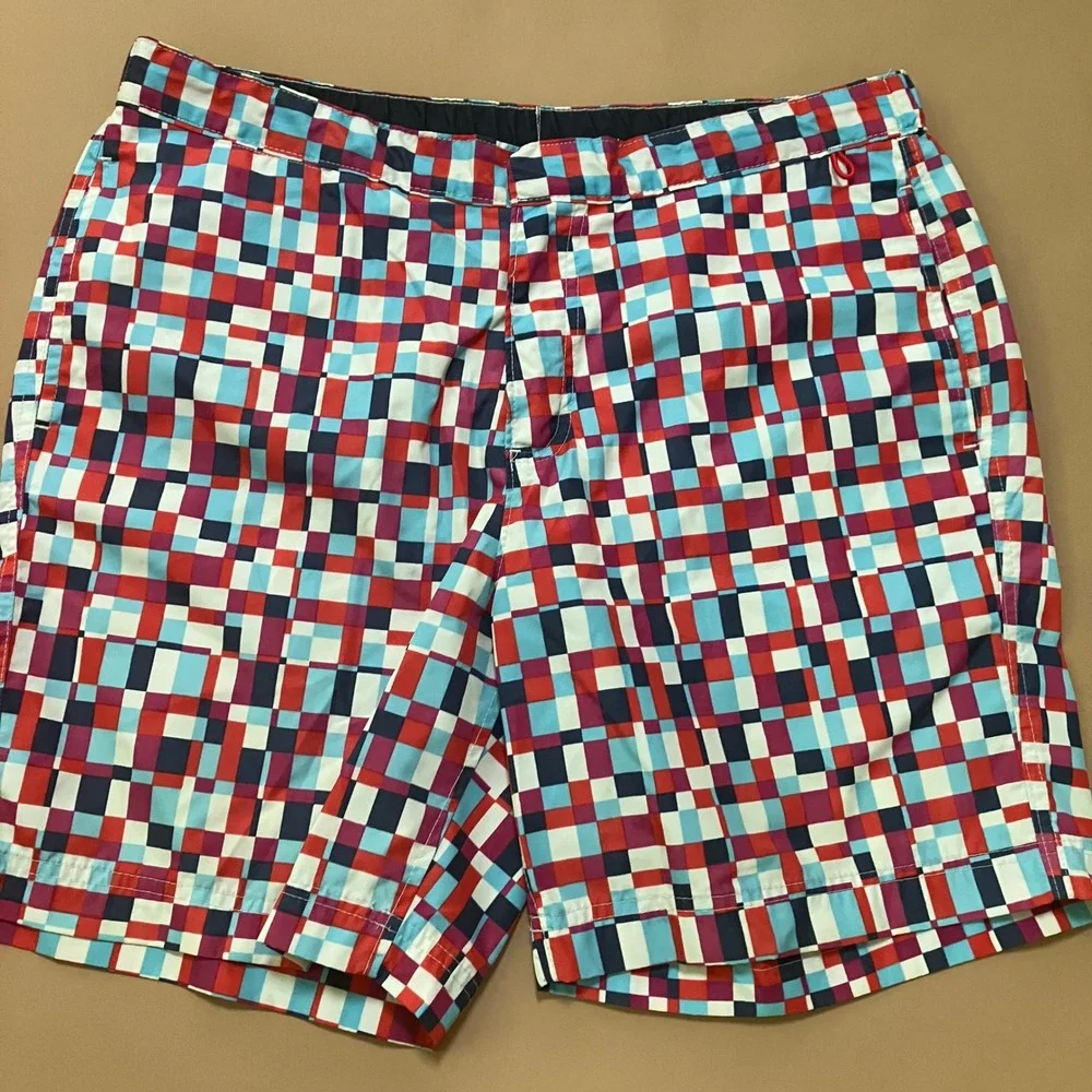 Lot of 2 Lands' End Mens Swim Trunks Board Shorts‎ 35 Red Geometric Print